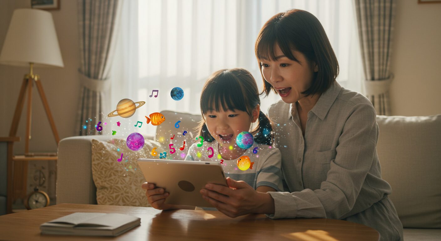親子で知育アプリを使用している様子