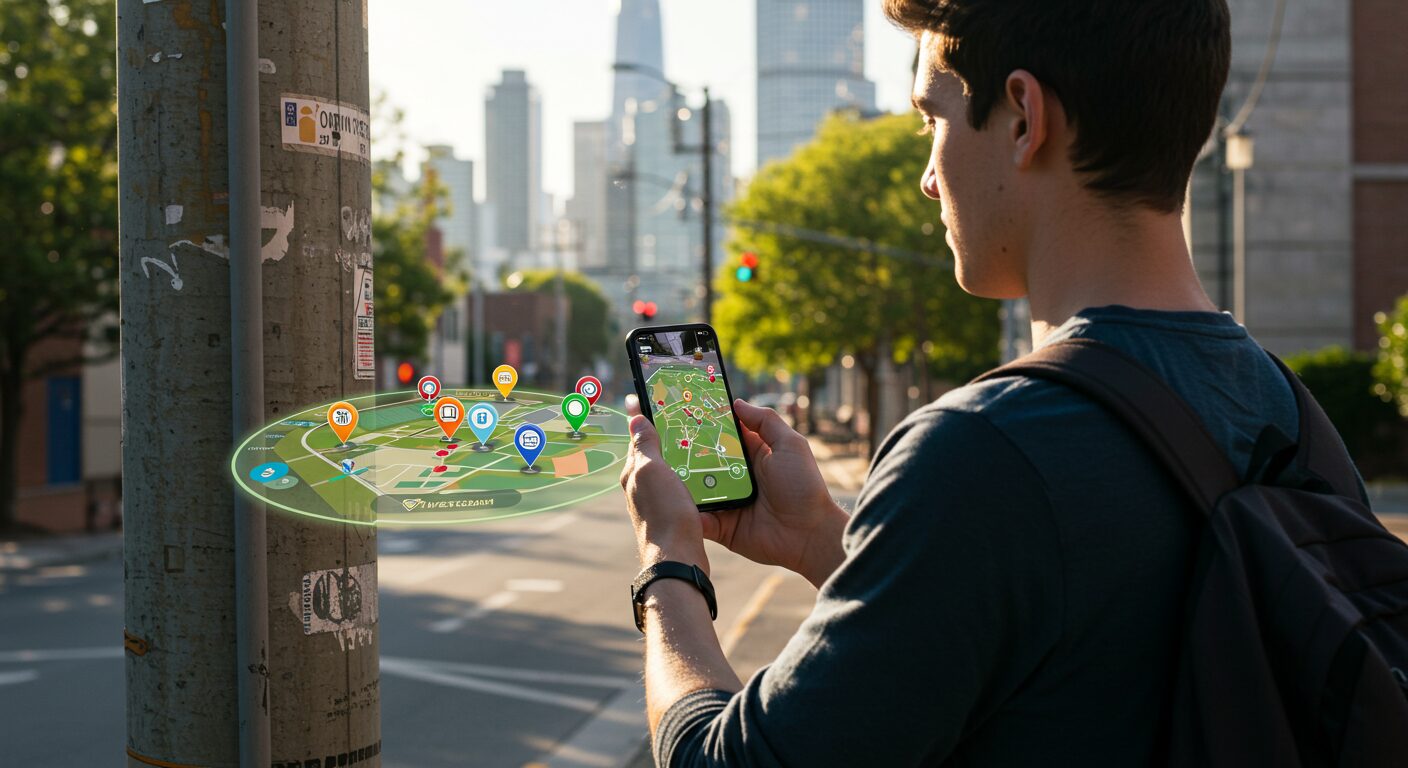 スマホを見ながら場所を探している