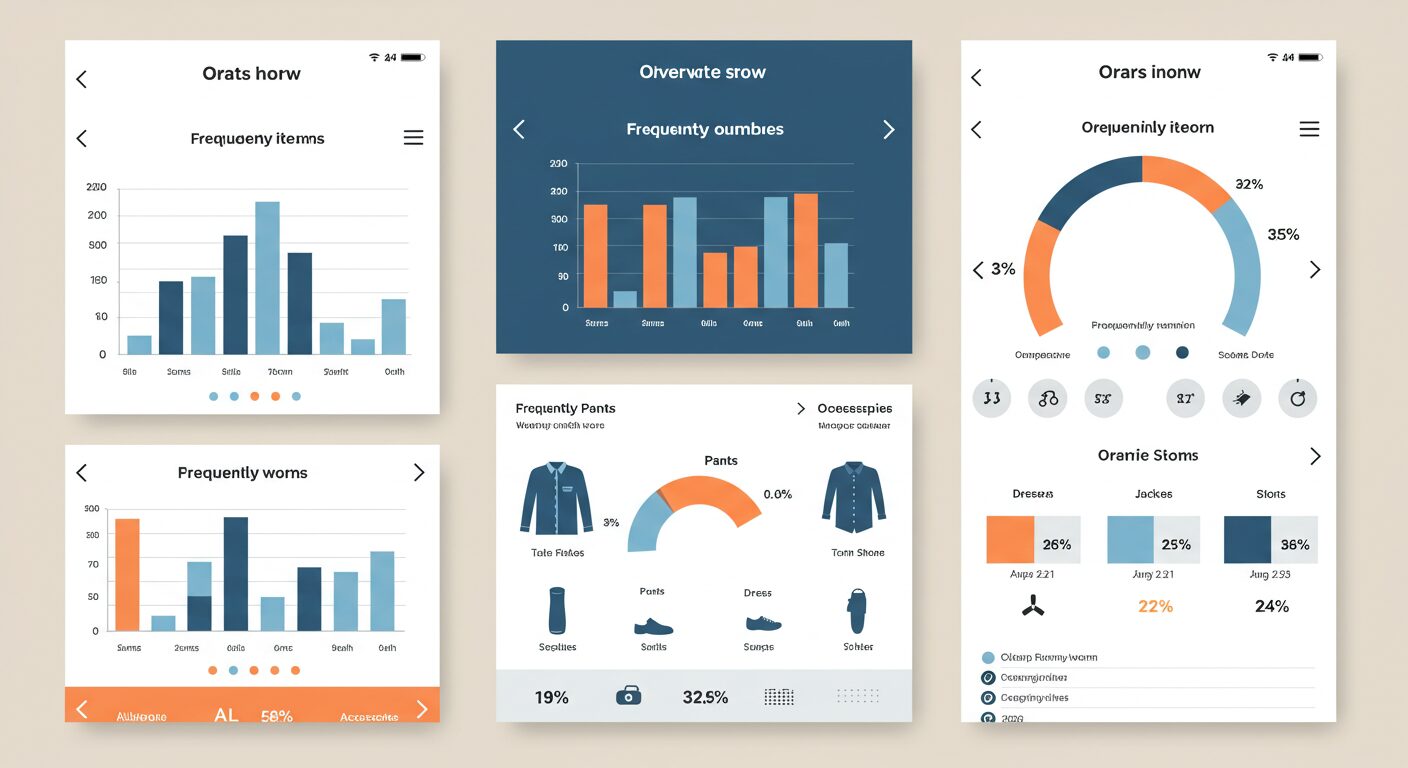 スマホ画面で服の統計データや仕分けリストが表示されているイメージ