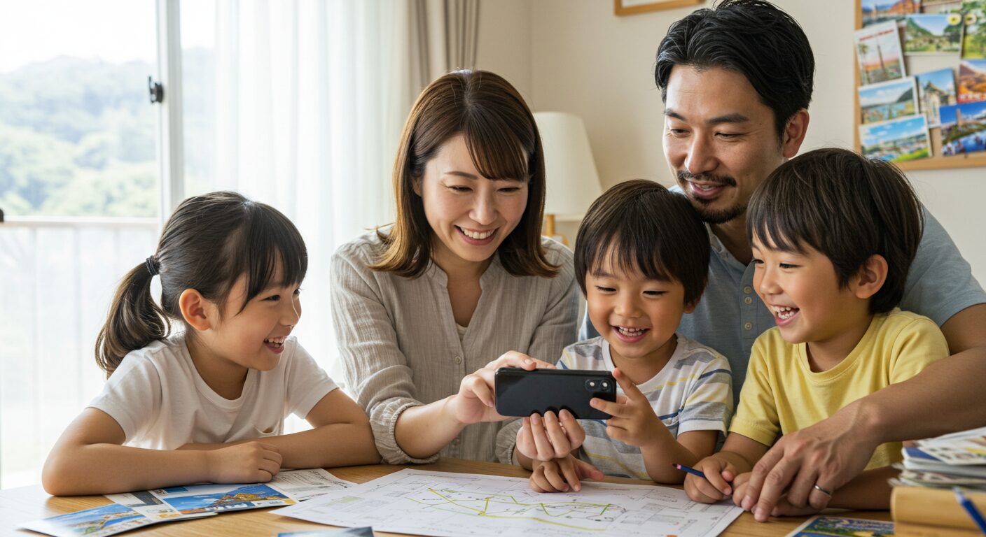 家族で旅のしおりを共有しているイメージ