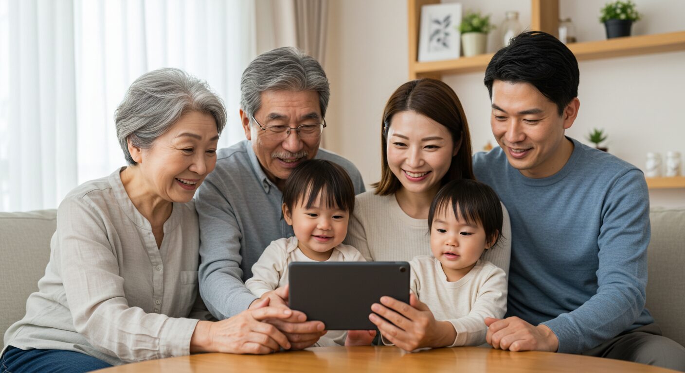家族でタブレットを見ている幸せな光景