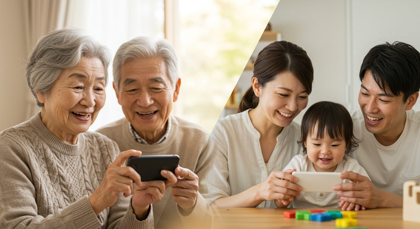 離れた家族がタブレットで写真を見ている