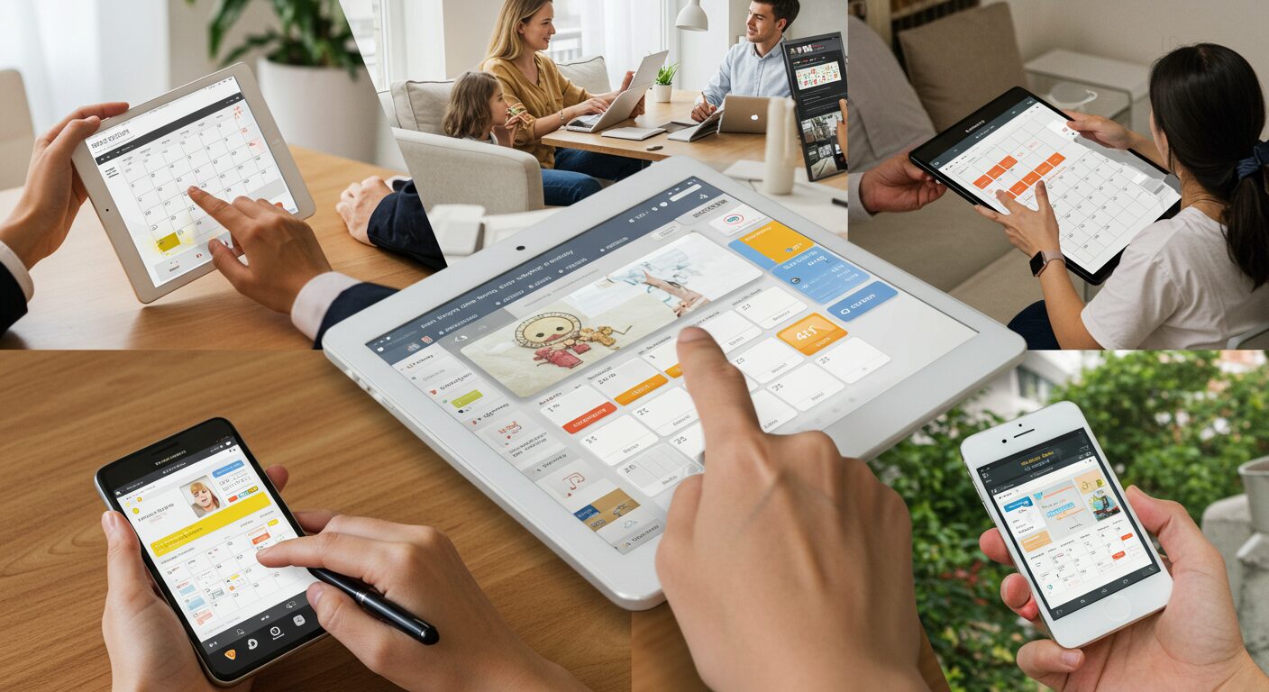ビジネスパーソン、主婦、学生など、多様な人々がスマートフォンでカレンダーアプリを利用している集合イメージ