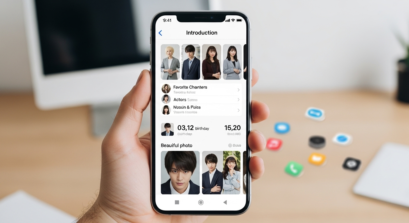 Oshibanaアプリの紹介画面とスマホを操作する手