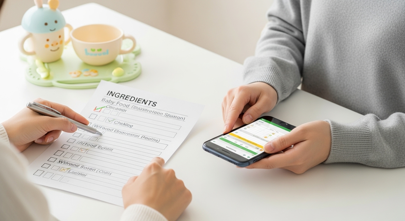 夫婦で食品チェック表を使用している様子