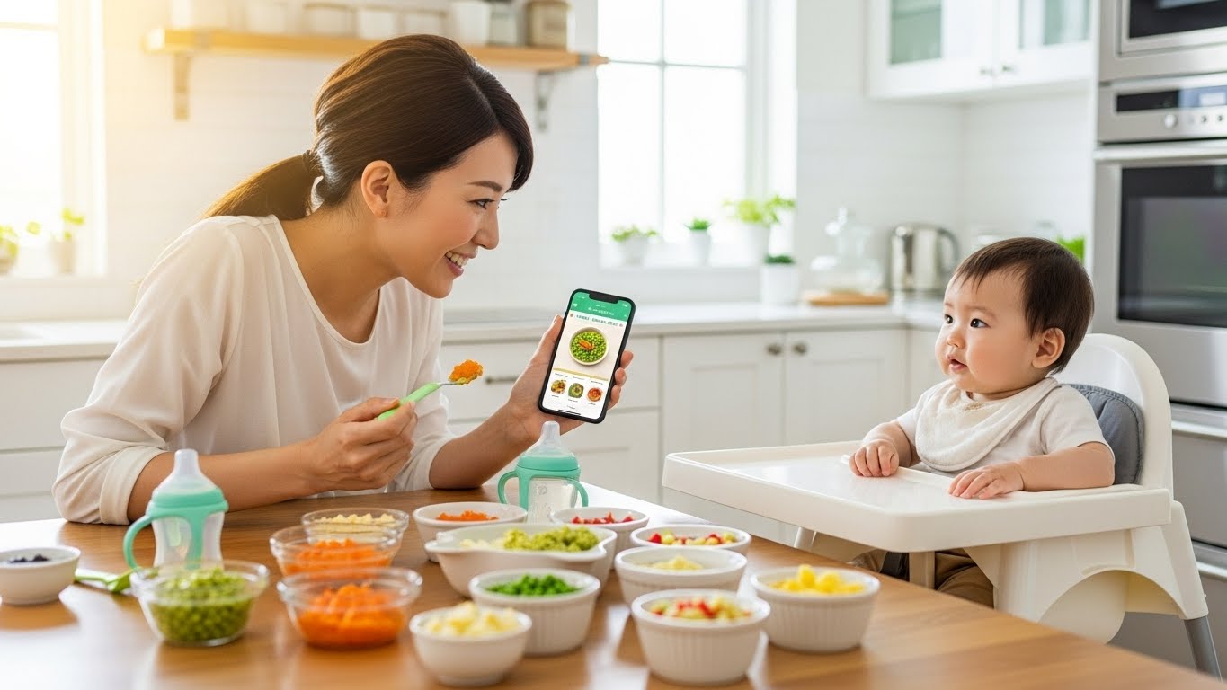 あかちゃんに離乳食を食べさせている様子