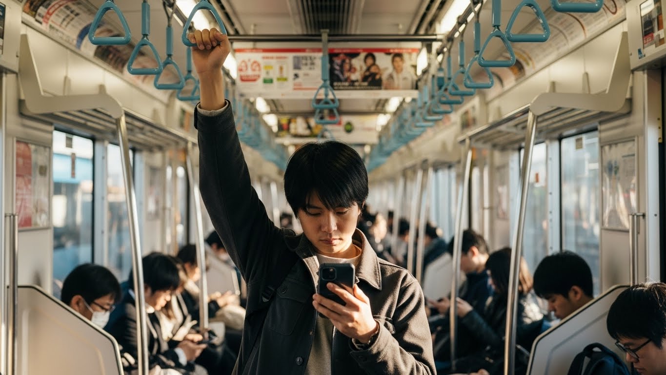 移動時間に勉強をする様子を表す