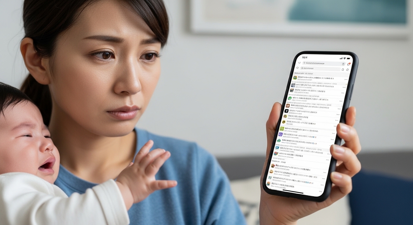 携帯を見て悩んでいるイメージ