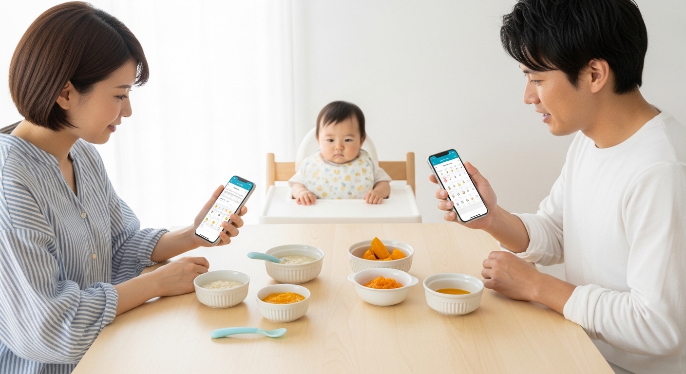 離乳食のことについて調べているイメージ
